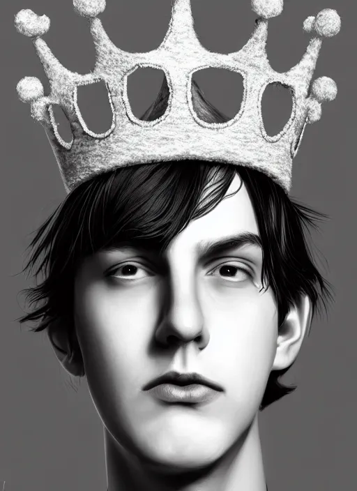 Image similar to portrait of teenage jughead jones wearing a light grey crown, photorealistic, crown made of fabric, crown with pin badges, crown with pins, crown made of felt, black hair, intricate, elegant, highly detailed, digital painting, glowing lights, artstation, concept art, smooth, sharp focus, illustration, art by wlop, mars ravelo and greg rutkowski