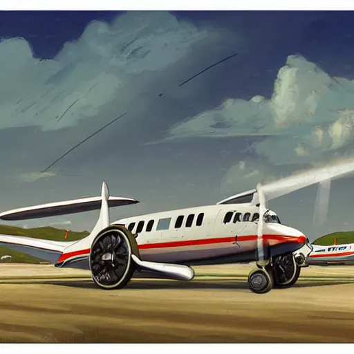 Prompt: a Lockheed Electra parked on the runway of a African airport, beautiful digital art, cinematic composition, detailed, concept art, Matt painting, oil painting, high res, norman rockwell artwork style,