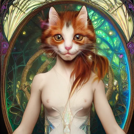 Image similar to a photograpic portrait of a anthropomorphic kitten wearing white clothes, iridescent colors, fantasy, intricate, elegant, highly detailed, digital painting, artstation, concept art, smooth, sharp focus, illustration, art by artgerm and H R Giger and alphonse mucha