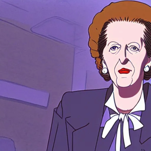 Prompt: A still of Margaret Thatcher in a 1990s anime