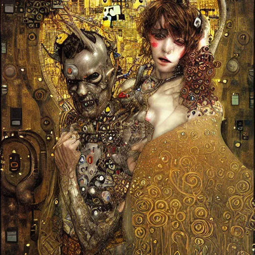 Image similar to horned cybernetic demon lovers trapped in circuitry, intricate detail, klimt, royo, whealan,