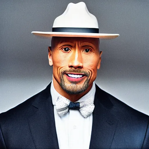 Prompt: photo of dwayne johnson with a goatee facial hair, wearing a fedora, cinestill, 8 0 0 t, 3 5 mm, full - hd