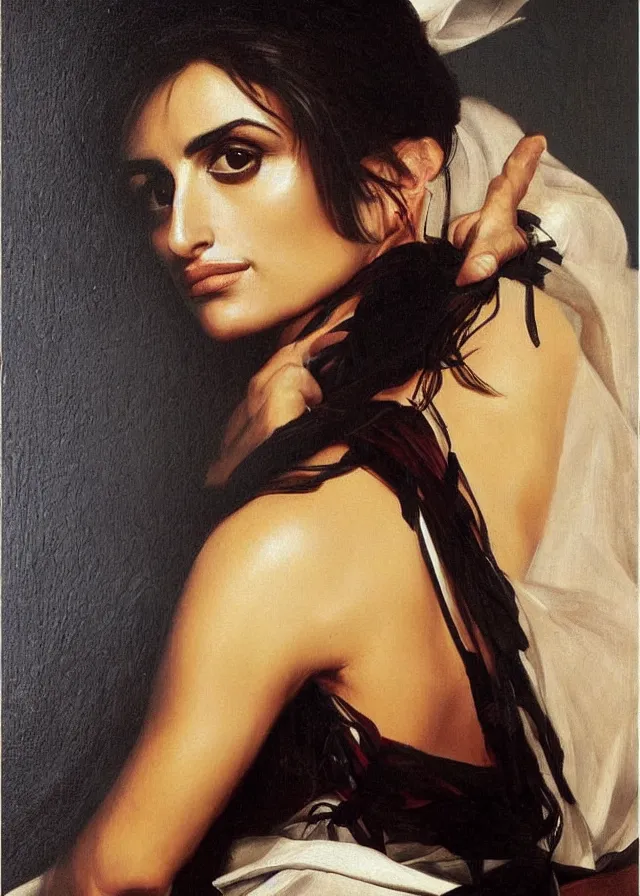 Image similar to portrait of penelope cruz, artwork by caravaggio