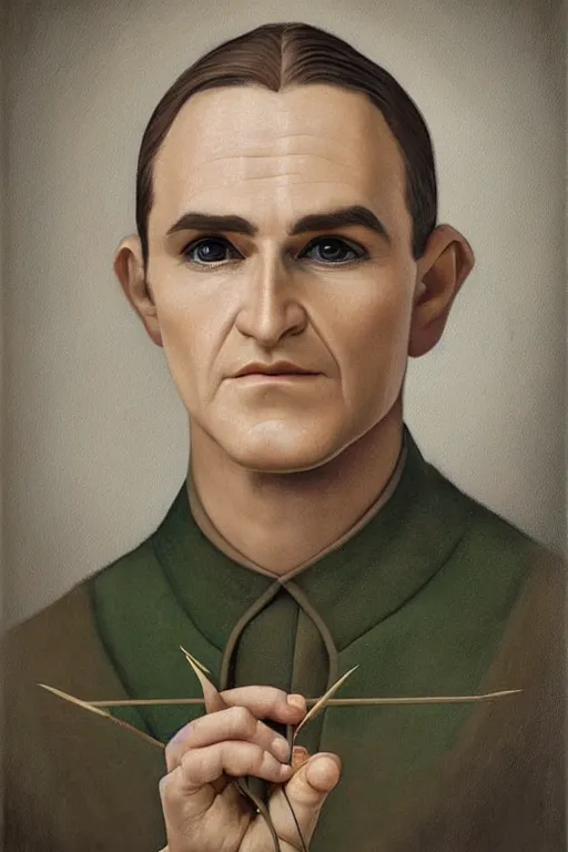 Image similar to ultra realistic pelegolas face portrait in the style of grant wood