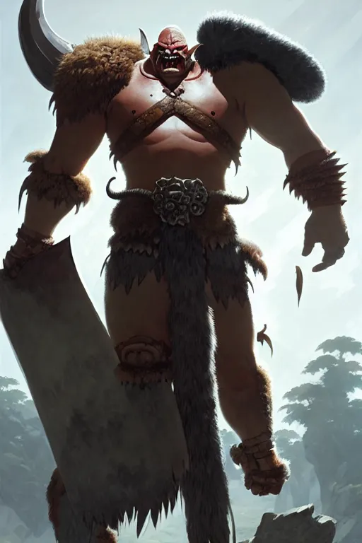 Image similar to orc barbarian wearing leather armor, full body shot, exquisite details, earth magic, mid view, design on a white background, by greg rutkowski, makoto shinkai, takashi takeuchi, studio ghibli