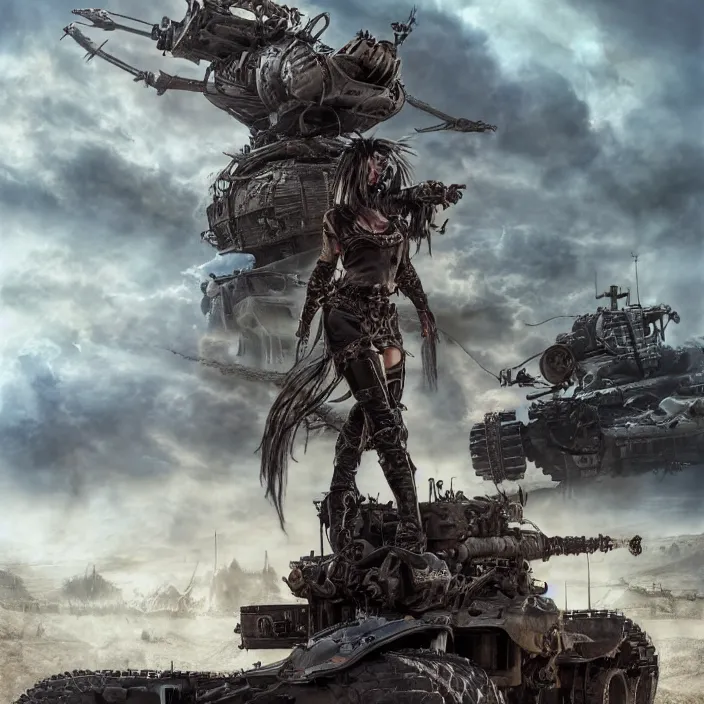 Image similar to beautiful apocalyptic woman with mohawk, standing on mad max panzer tank, hyper-detailed, smooth, sharp focus, 4k ultra hd, fantasy dark art, tank girl, artgerm, artstation, octane render, elegant, detailed digital painting, apocalyptic art, Francis bacon, unreal engine, depth map
