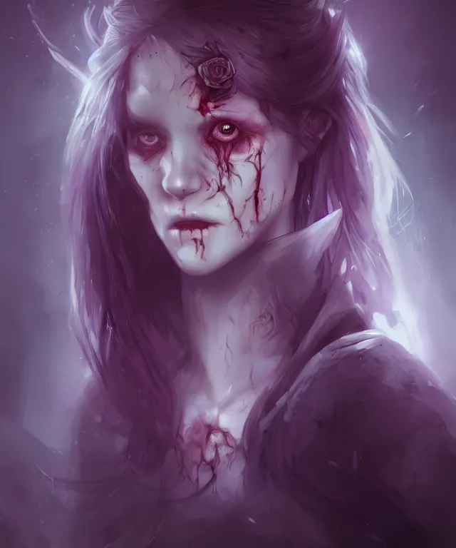 Prompt: cute zombie by charlie bowater and titian and artgerm, full - body portrait, intricate, face, elegant, purple mist, beautiful, highly detailed, dramatic lighting, sharp focus, trending on artstation, artstationhd, artstationhq, unreal engine, 4 k, 8 k