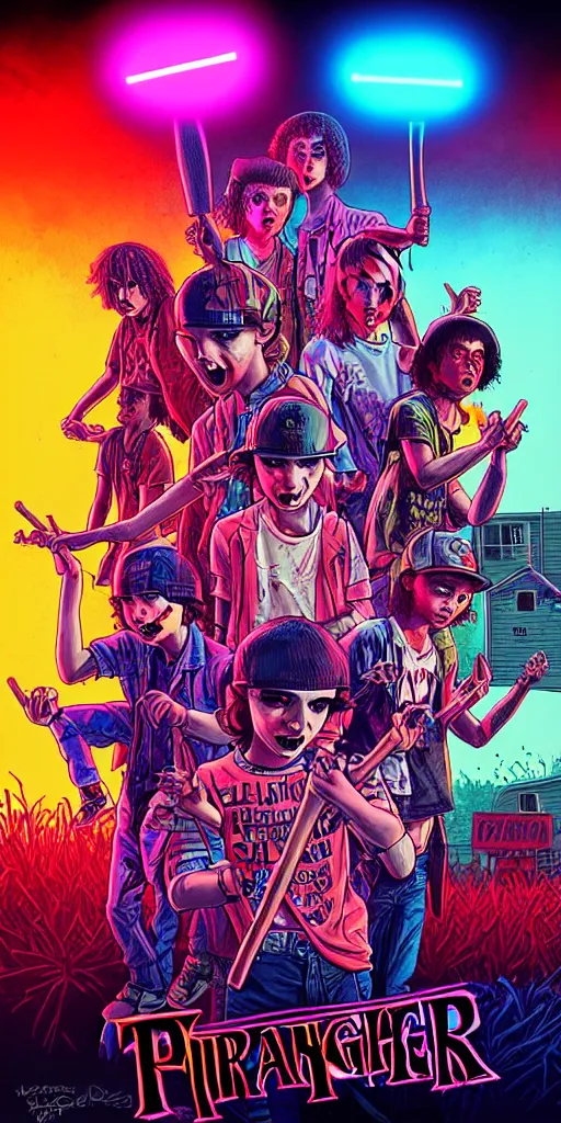 Image similar to young punk rockers fighting against zombies at the playground, by baseball bat in the retro wave stranger things style, neon colors, hyper detailed, digital art, cinematic lighting, concept art by artgerm and greg rutkowski and caravaggio and moebius and jakub rebelka, 8 k