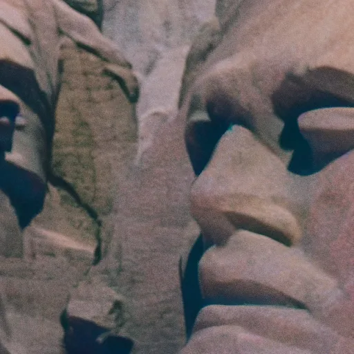 Prompt: photo of mount rushmore sculptures with make up spray paint, cinestill, 8 0 0 t, 3 5 mm, full - hd