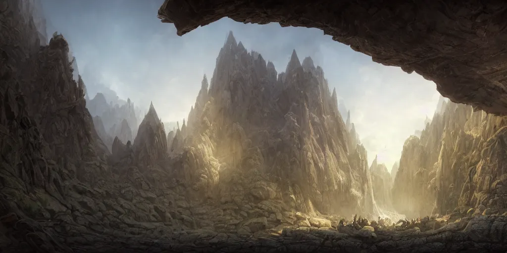 Image similar to a beautiful hyper realistic detailed matte painting of the entrance to a dungeon of the gods at the base of an ancient mountain, dramatic lighting, dynamic lighting, cinematic lighting, lit by morning light, by raphael lacoste and john howe and andreas rocha, unreal engine, featured on artstation, ultrawide angle, f 8, polarizer filter : 1 0