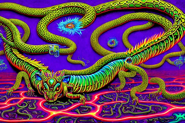 Prompt: a detailed digital art painting of a cell shaded cyberpunk ornate magick oni dragon with occult futuristic effigy of a beautiful field of mushrooms that is a rainbow liquid leopard atomic latent snakes in between ferret biomorphic molecular psychedelic hallucinations in the style of escher, alex grey, stephen gammell inspired by realism, symbolism, magical realism and dark fantasy, crisp