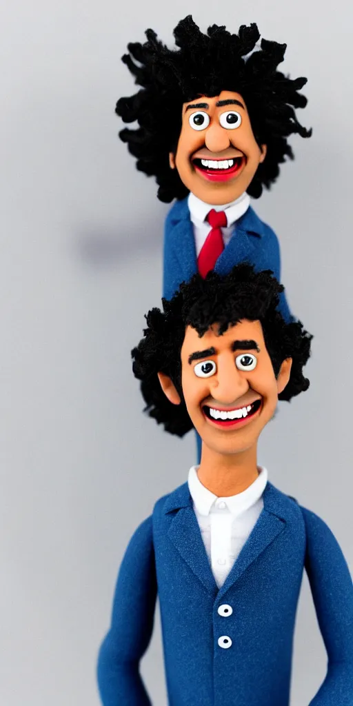 Image similar to claymation character, man with black curly hair and a smile