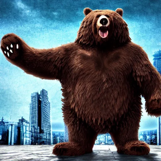 Image similar to a giant angry bear with arms raised attacking the city, photomanipulation, photoshop, digital art