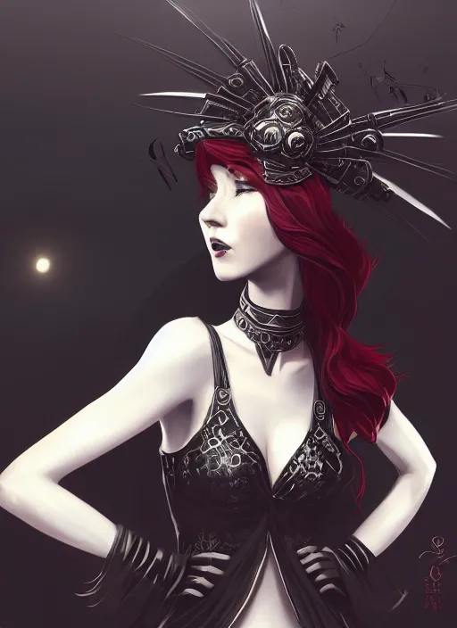 Image similar to a highly detailed illustration of red haired lady wearing black noir dress and black sun hat, dramatic singing pose, intricate, elegant, highly detailed, centered, digital painting, artstation, concept art, smooth, sharp focus, league of legends concept art, wlop.