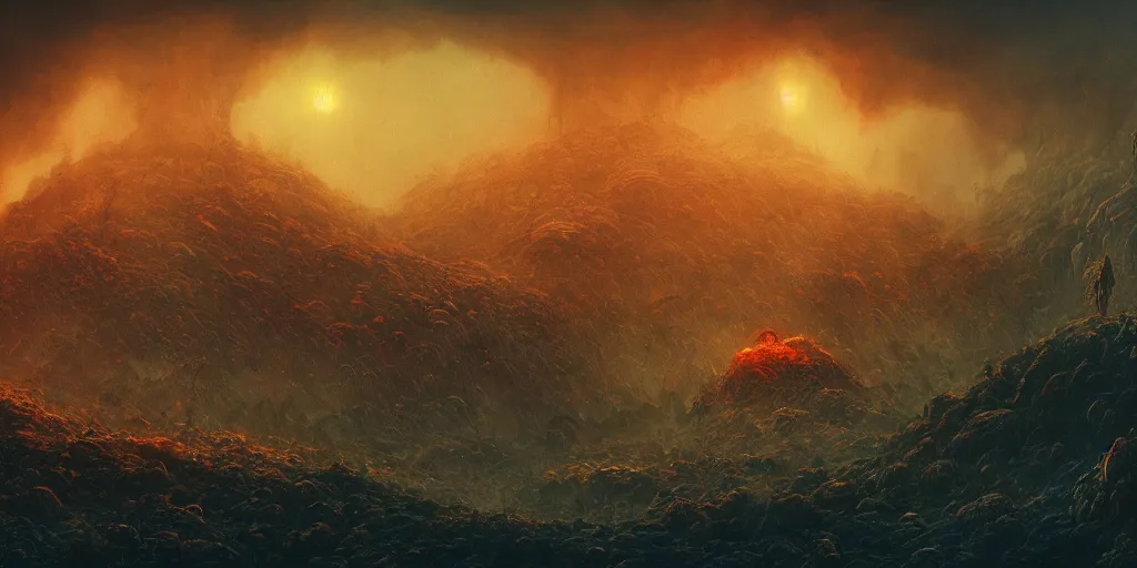 Image similar to ultrawide shot of hell landscape, golden birds, obsidian creatures, postapocalyptic, beksinski, concept art, style by anato finnstark