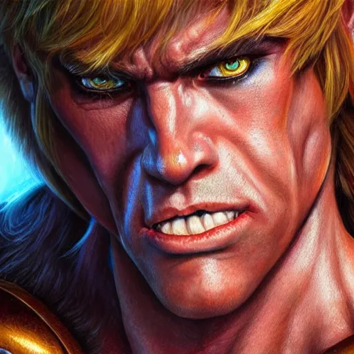 Image similar to ultra realistic portrait painting of he - man, stanley artgerm, 4 k, ultra realistic, highly detailed, epic lighting