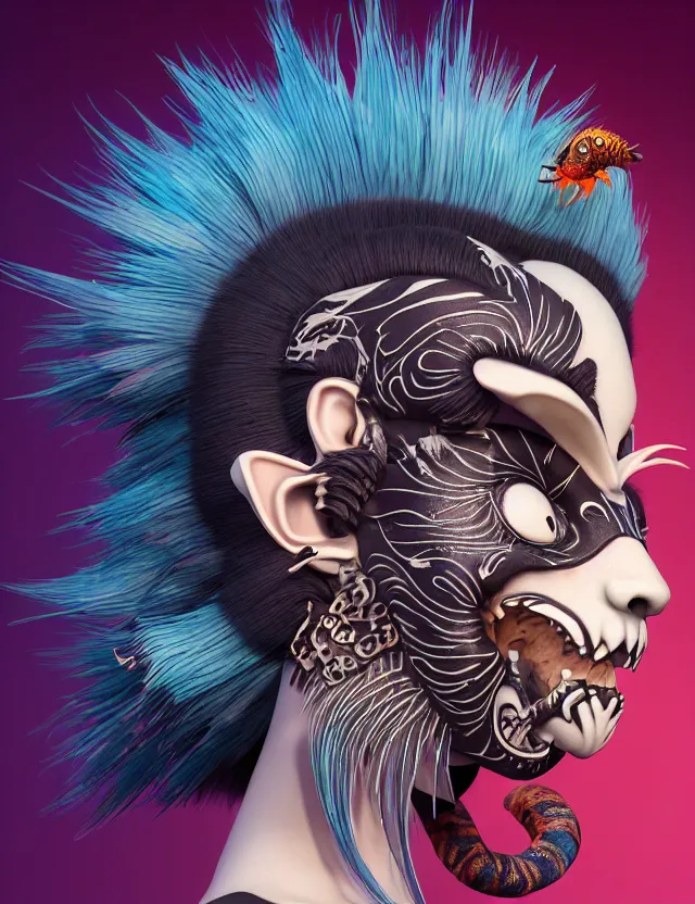 Image similar to 3 d goddess close - up profile simple portrait punk with mohawk with tiger skull. beautiful intricately detailed japanese crow kitsune mask and clasical japanese kimono. betta fish, jellyfish phoenix, bio luminescent, plasma, ice, water, wind, creature, artwork by tooth wu and wlop and beeple and greg rutkowski