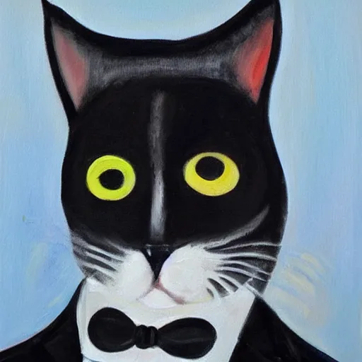 Prompt: one eyed cat in a tuxedo, man with a cat head in a suit, painting
