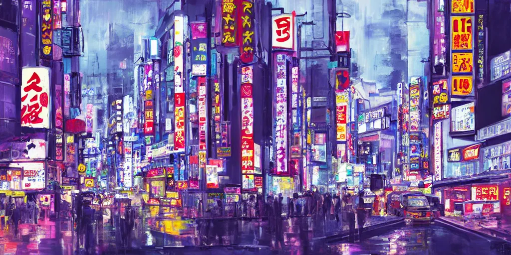 Prompt: tokyo japan cityscape with a man watching from a rooftop. the city is full of bright, neon lights and towering skyscrapers, with a dark and gritty atmosphere, more significant buildings and signs on billboards like joker cards and brands, more neon lights purple and yellow, sharp, high res, procreate painting