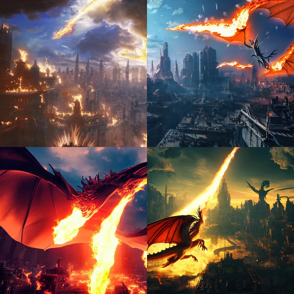 Prompt: a baroque painting of a dragon in the distance flying over a futuristic anime city breathing fire, photorealistic, highly detailed, unreal engine 5,