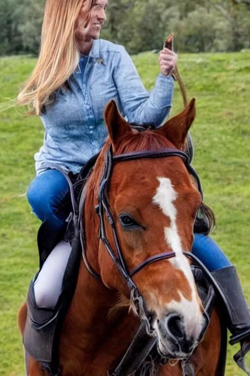 Prompt: woman riding a horse, the horse looks like a man