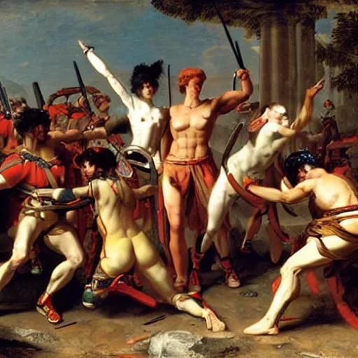 Image similar to muscular warrior women, spartan warrior women, women fighting men, muscular men, roman warrior men, clashing in bloody field, art by jacques - louis david