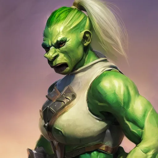 Image similar to a full bodied character portrait of a green orc warrior woman in full plate armor bald with a ponytail, by greg rutkowski, wlop, astri lohne, wei wang, trending on artstation