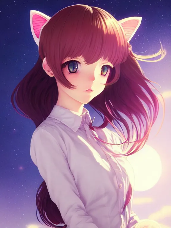 Image similar to full body picture of a cat ear girl on the moon, bored, beautiful and aesthetic, intricate, unreal engine, neat hair, highly detailed, detailed face, smooth, sharp focus, chiaroscuro, manga illustration, artgerm, greg rutkowski, ilya kuvshinov, rossdraws, alphonse mucha, young adult light novel cover art