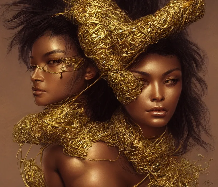 Prompt: Ultra realistic illustration, of a charcoal skinned goddess wrapped in gold ropes, cyberpunk, sci-fi, fantasy, intricate, elegant, highly detailed, digital painting, artstation, concept art, smooth, sharp focus, illustration, art by artgerm and greg rutkowski and alphonse mucha