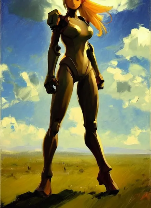 Image similar to Greg Manchess painting of Samus from Metroid Prime, countryside, calm, fantasy character portrait, dynamic pose, above view, sunny day, thunder clouds in the sky, artwork by Jeremy Lipkin and Giuseppe Dangelico Pino and Michael Garmash and Rob Rey, very coherent asymmetrical artwork, sharp edges, perfect face, simple form, 100mm