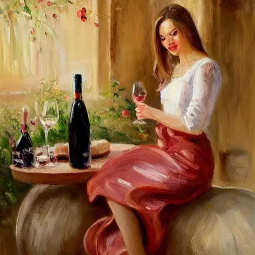 Image similar to pretty blonde beautiful woman in a wine cellar, elegant, red wine, meat, cheese, sausages, torches light the wall, impressionism, painting by Vladimir Volegov