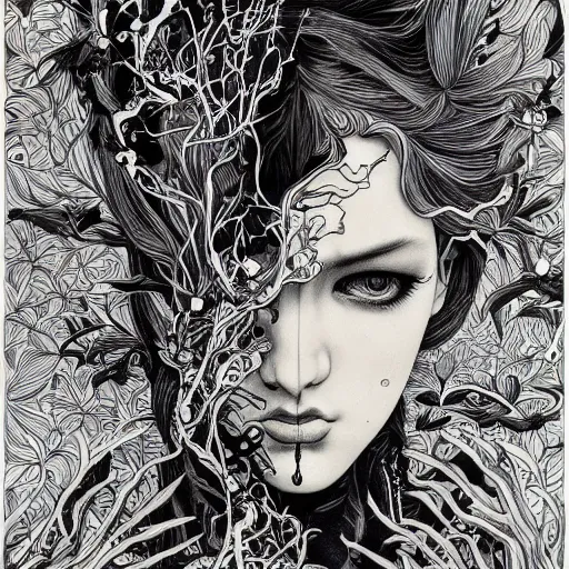 Image similar to life is so beautiful painted in alex grey and james jean style drawn by vania zouravliov and takato yamamoto, inspired by y - 3, intricate acrylic gouache painting, black and white, 3 d, high detail, sharp high detail, artstation