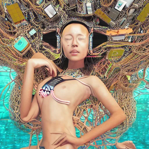 Image similar to swimming deeper into the multiverse, piles of modular synth cables mixed with mangrove roots, kawaii puerto rican goddess chilling out wearing a headpiece made of circuit boards, by cameron gray, wlop, stanley kubrick, masamune, hideki anno, jamie hewlett, unique perspective, trending on artstation, 3 d render, vivid