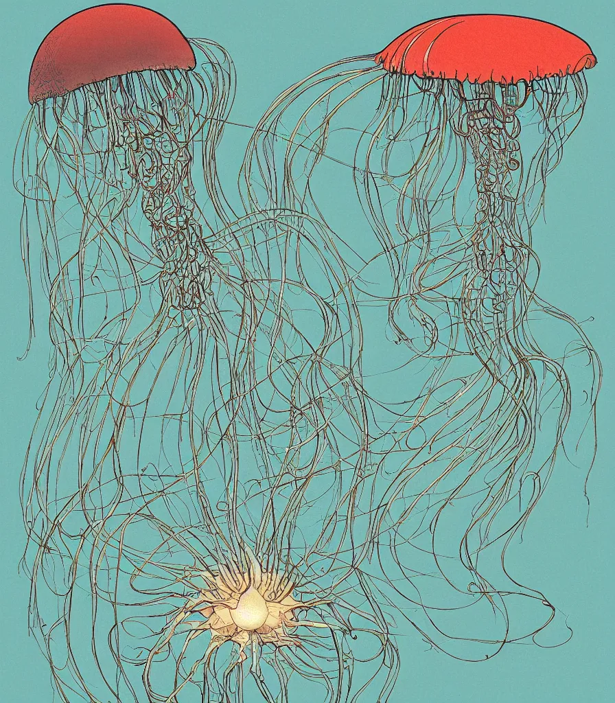 Prompt: brilliant alien jellyfish in the sky color scientific illustration by Ernst Haekel, Hayao Miyazaki, color illustration with orthographic views