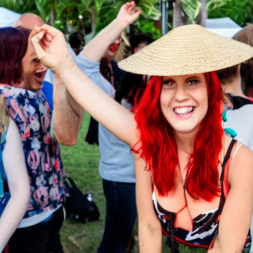 Prompt: DJ at a party, DJ is a red headed woman and is wearing a straw hat and a fanny pack