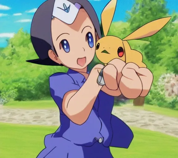 Prompt: marnie from pokemon pointing a gun at viewer