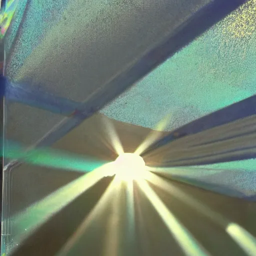 Image similar to a pastel coloured Polaroid photo of a sun shade made of transparent iridescent perspex stood in a field, beams of light, nostalgic