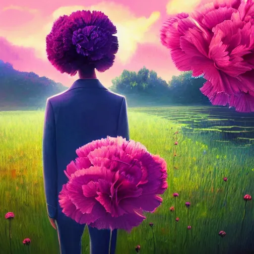 Prompt: giant carnation flower head, girl in suit, surreal photography, sunrise, dramatic light, impressionist painting, digital painting, artstation, simon stalenhag