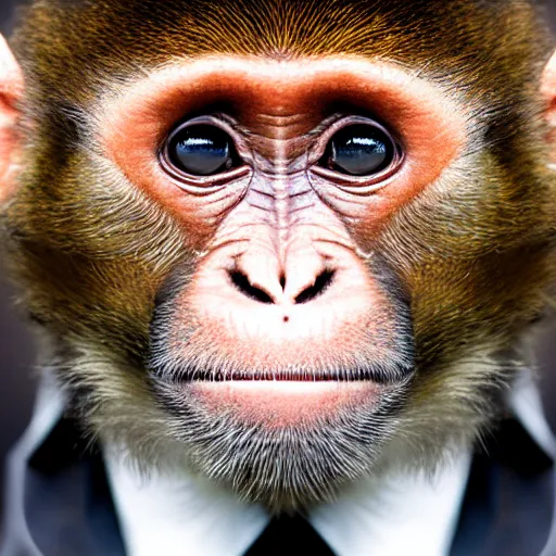 Image similar to high quality portrait of a monkey wearing black suit, studio photograph, photograph, realistic photo, 8k photo, 4k photo, stock photo, high resolution, cinematic shot, high detail