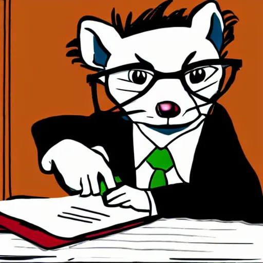 Prompt: high quality realistic illustration of an opossum named paw - paw who is a lawyer. he is wearing glasses and taking notes on a legal pad. in the style of ub iwerks.