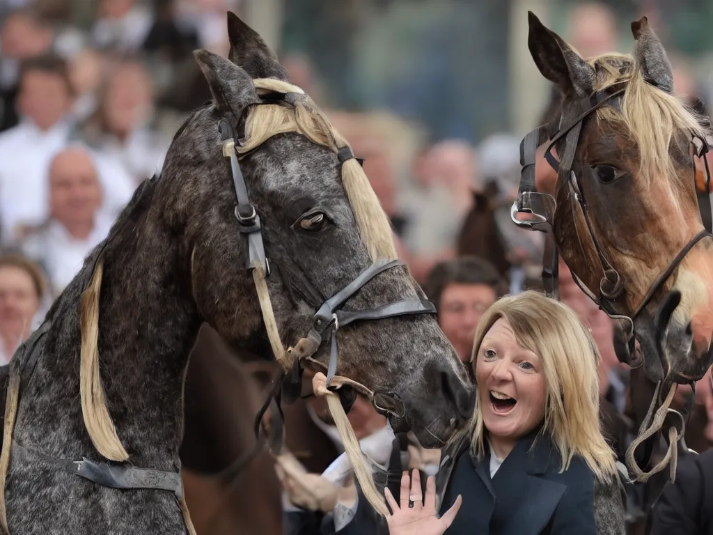 Image similar to liz truss inside a horse, her head visible in the horse's throat as it yawns