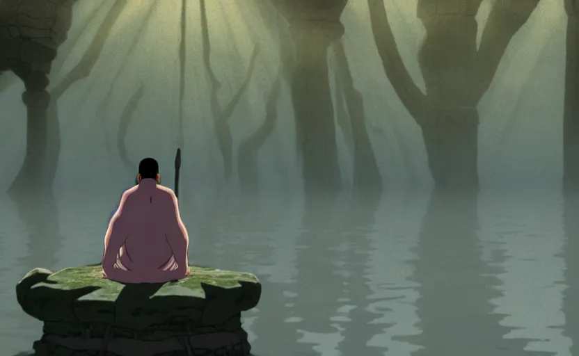 Image similar to a cell - shaded cartoon movie still from princess mononoke ( 1 9 9 7 ) of a giant monk in a grey robe meditating in lotus position in a flooded stonehenge with shafts of sunlight from above. very dull muted colors, hd, 4 k, hq