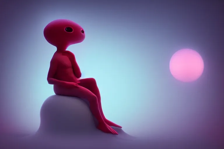 Image similar to a cute alien sitting on a cloud relaxing, misty, glows, blender render, hazy, foggy, red lighting,