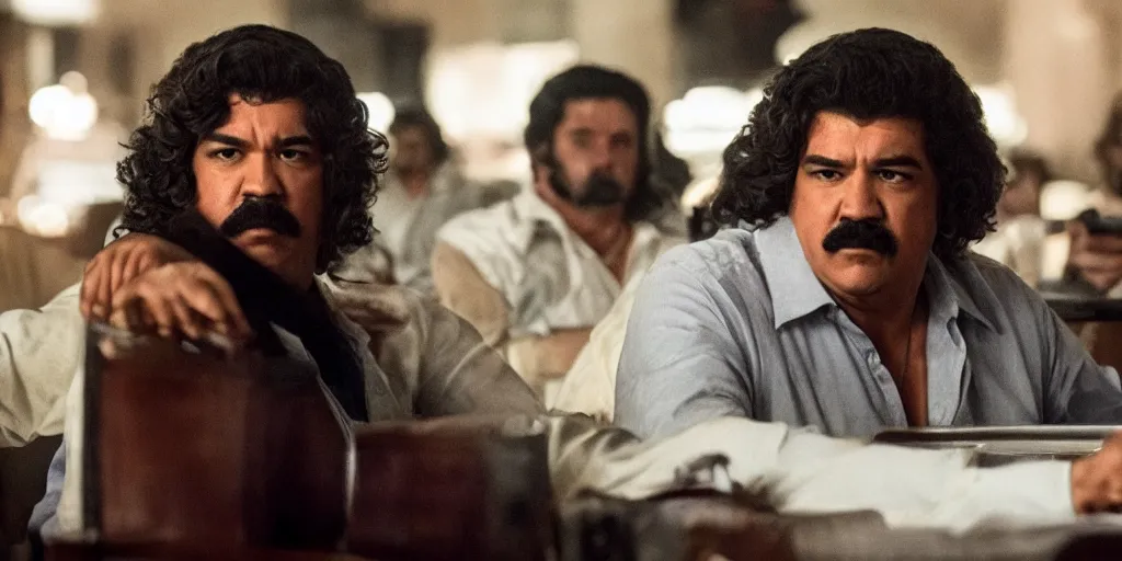 Image similar to zendaya as pablo escobar in'escobar'( 2 0 2 4 ), movie still frame, oscar nominated cinematography, volumetric lighting, 8 k resolution, beautiful composition