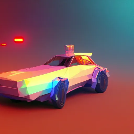 Prompt: 3 d low poly model of synthwave cyberpunk car by paul lehr an james gurney