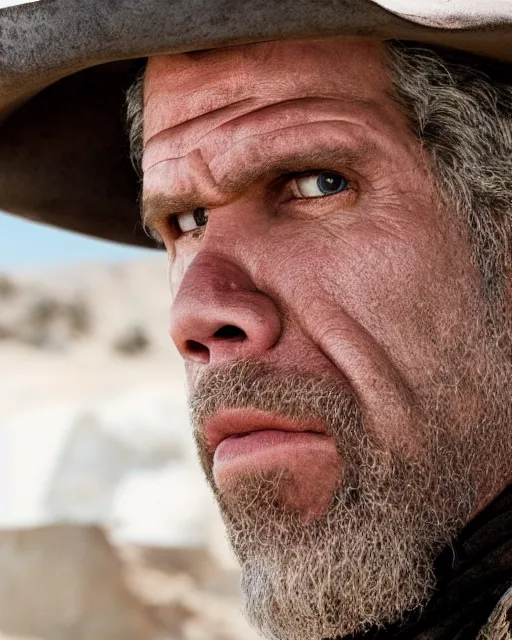 Prompt: film still close up shot of ron perlman as the man with no name from the movie a fistful of dollars. photographic, photography