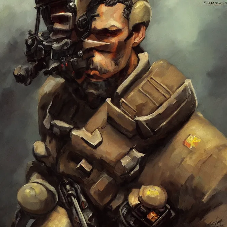 Prompt: a beautiful portrait painting in the style of frank frazetta of a half - life 2 combine soldier