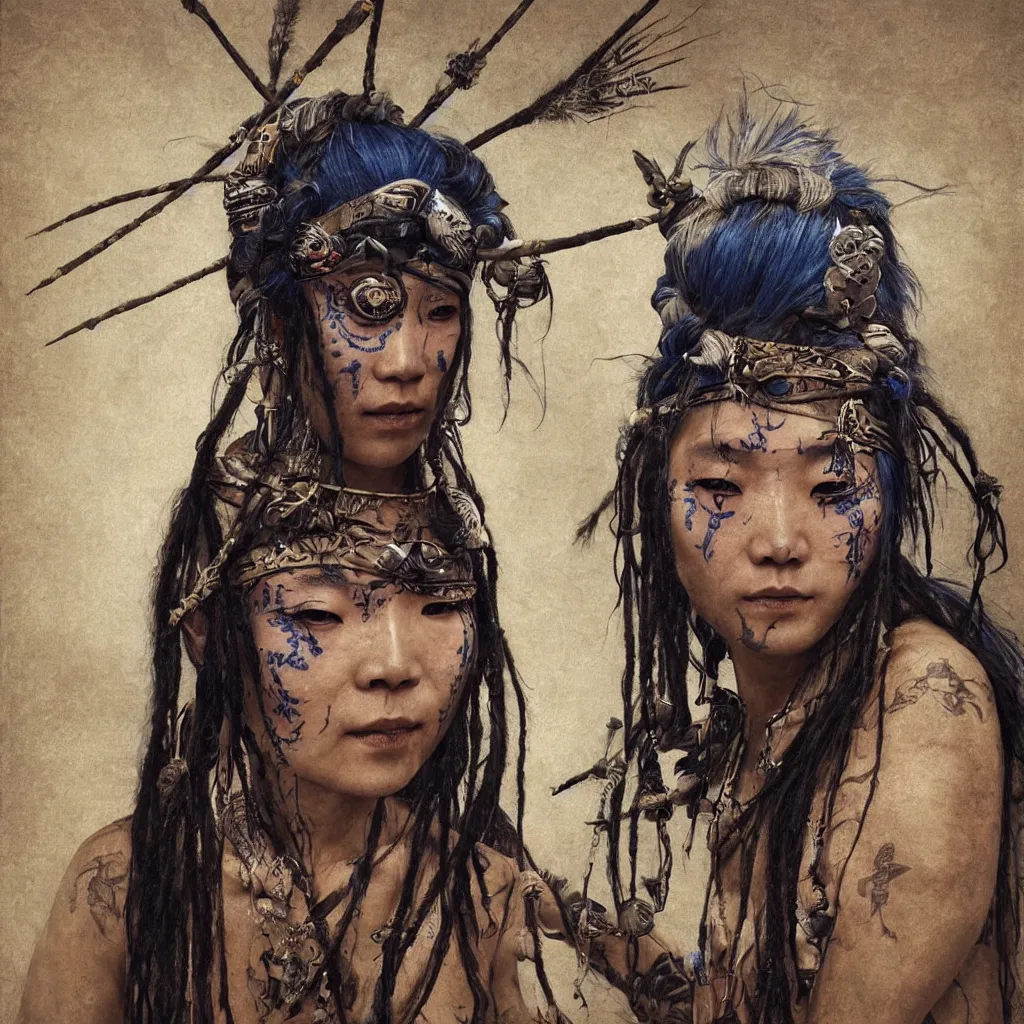 Image similar to A young blindfolded shaman japanese woman with a decorated headband performing a pagan ritual, in the style of heilung, blue hair dreadlocks and wood on her head, tribal piercing and tatoos , atmospheric lighting, intricate detail, cgsociety, ambient light, dynamic lighting, art by karol bak