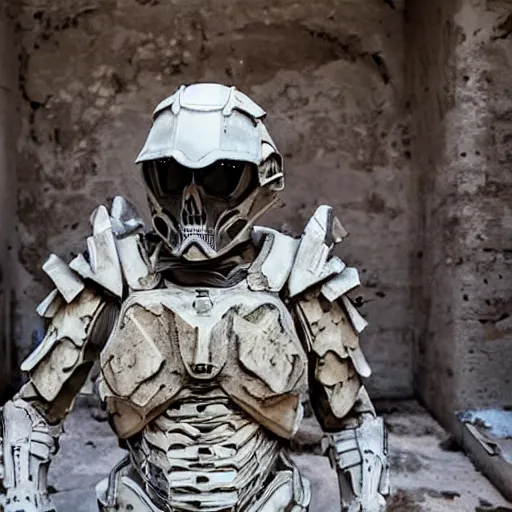 Prompt: a dusty skeleton!!!!! in futuristic marine armour in a dusty brick room