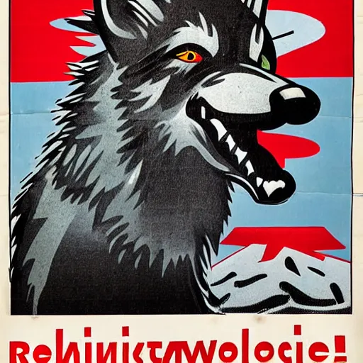 Image similar to retarded wolf, soviet propaganda poster style